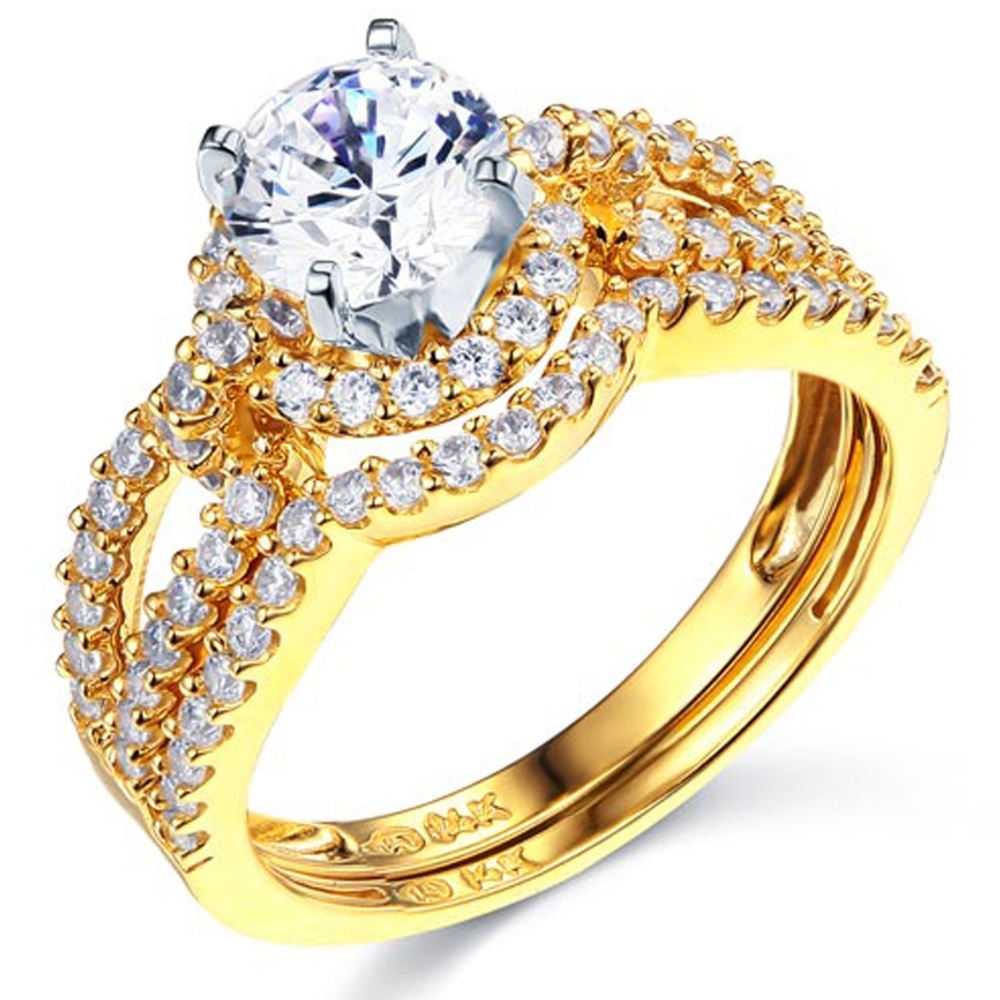 14K Yellow Halo Split Shank 1.25CT Round CZ  Ring